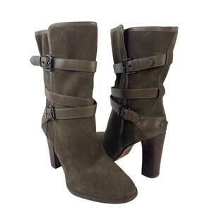 Coach Alexandra Fatigue Green Suede Midcalf Buckle Heel Bootie Boots Size 8